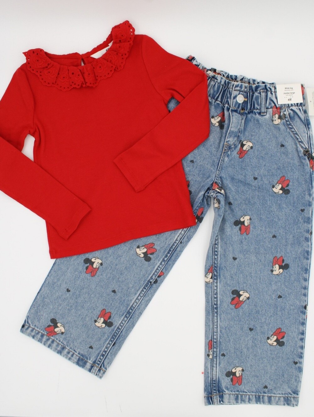 H&M Disney Minnie Mouse Wide Leg Jeans & Red Top Set 5T/6